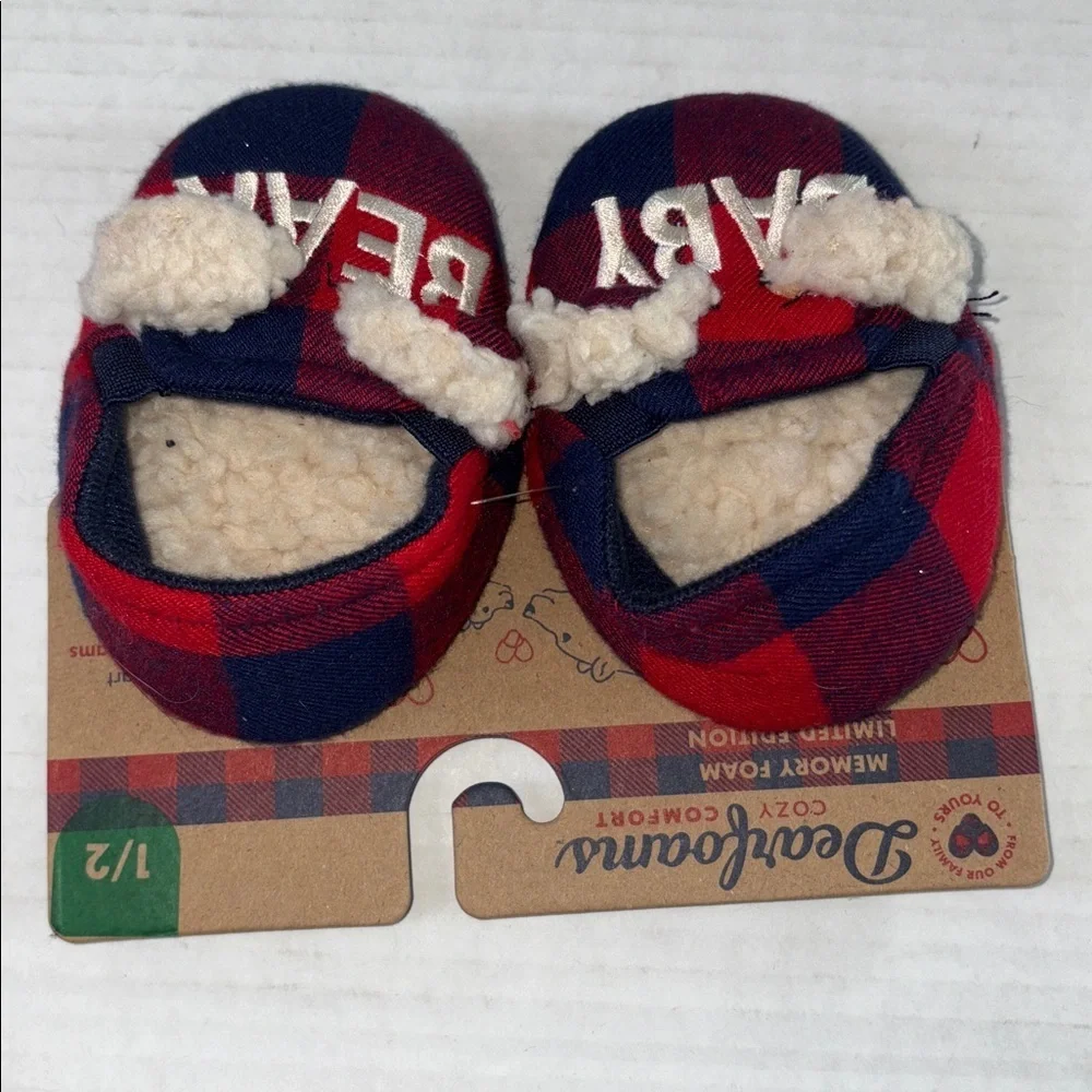 Dearfoams Baby Bear Red Blue Plaid Baby Slippers Memory Foam Size 1/2